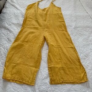 Italian 100%‎ Linen Butter Yellow Wide Leg One Piece Romper Jumpsuit OS EUC